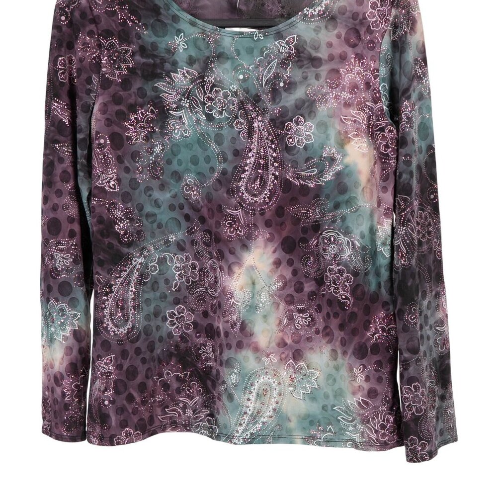 Y2K Hippie Shirt L Paisley Glitter Purple Green Dots Stretch Boho Indie Floral - Picture 3 of 5